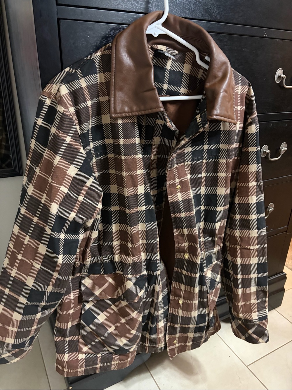 H&M Brown Plaid Jacket with Faux Leather Collar